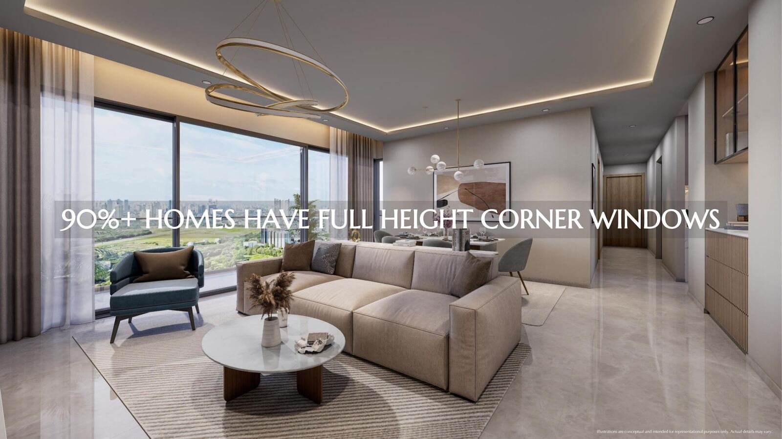 Living room with full height windows