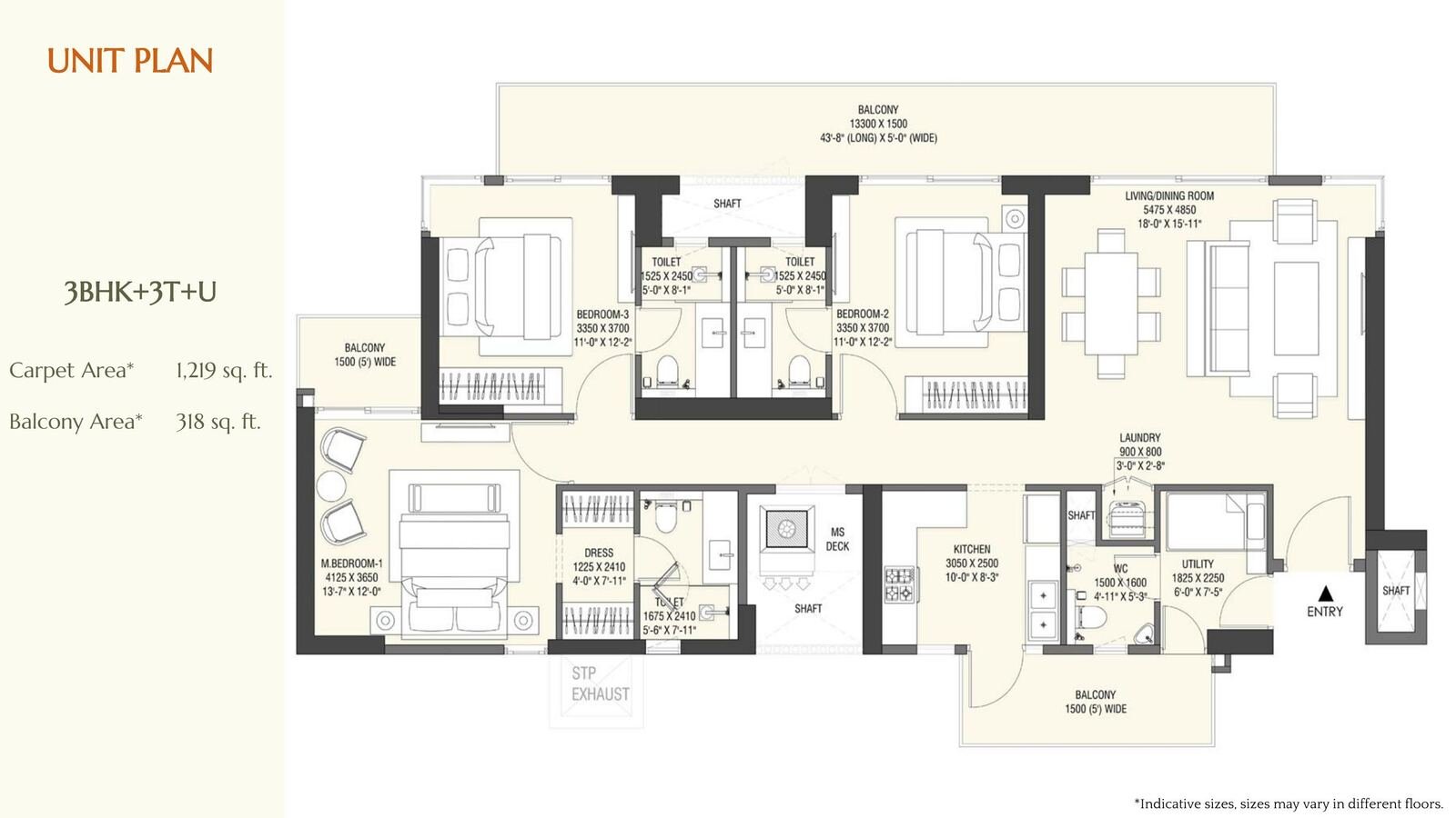 3 BHK plus 3 toilet plus utility floor plan
