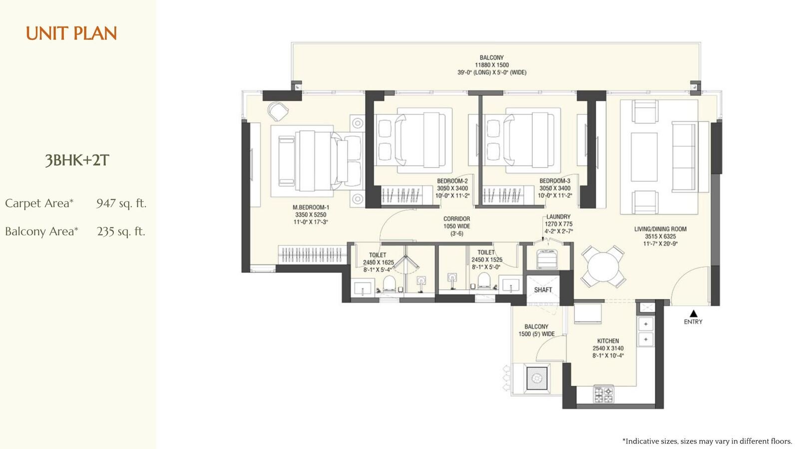 3 BHK plus 2 toilet floor plan